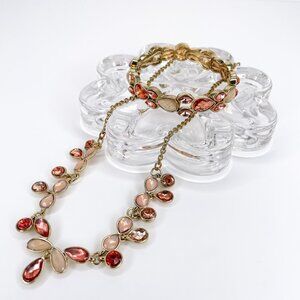 Pink & Peach Colored Crystal Bracelet & Necklace Set in Gold Tone Setting